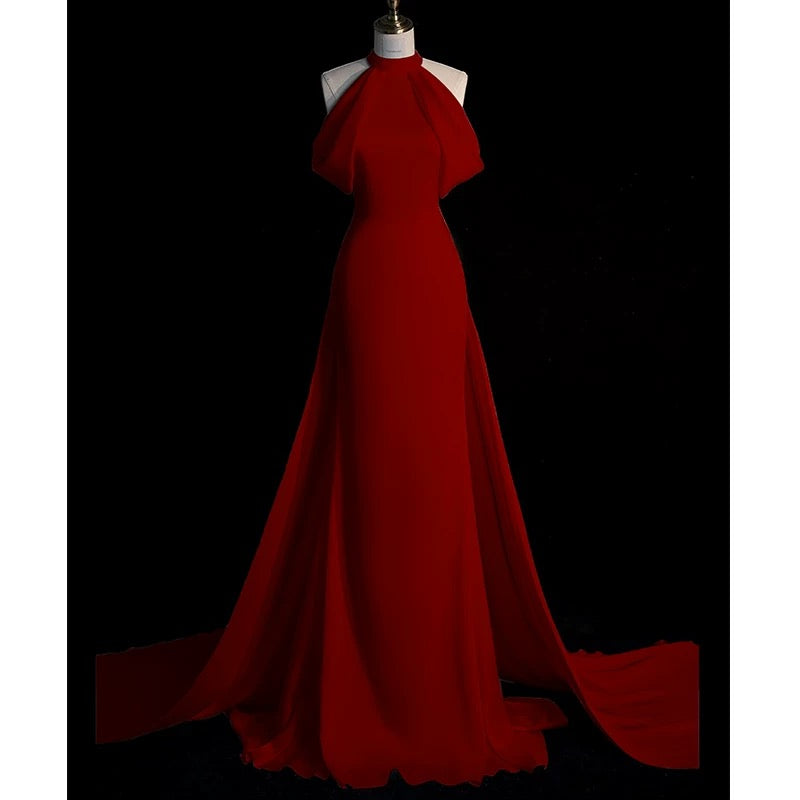 Sexy Sheath Halter Red Satin Long Prom Dress Evening Dress Formal Dress