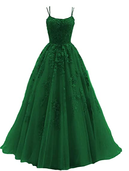 Green spaghetti strap prom dress, long tulle lace appliquéd women's party dress