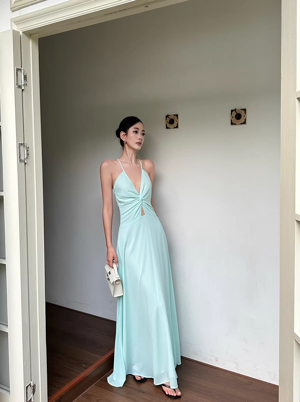 Simple Spaghetti Straps V Neck Green Chiffon A Line Long Party Dress Evening Dress