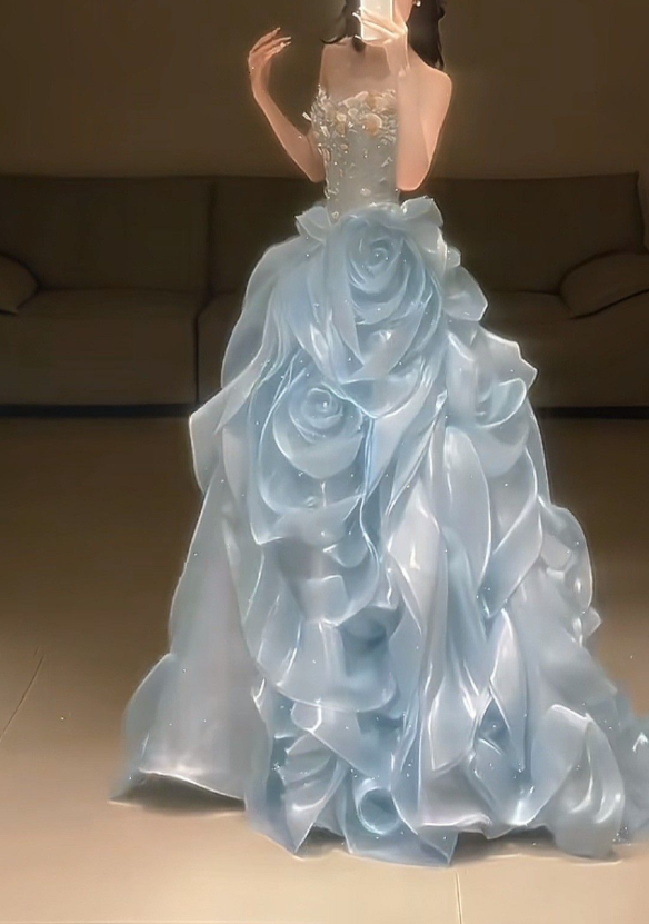 Glamorous Strapless Blue Organza Rose Flowers Princess Ball Gown Sweet 16 Dress With Appliques