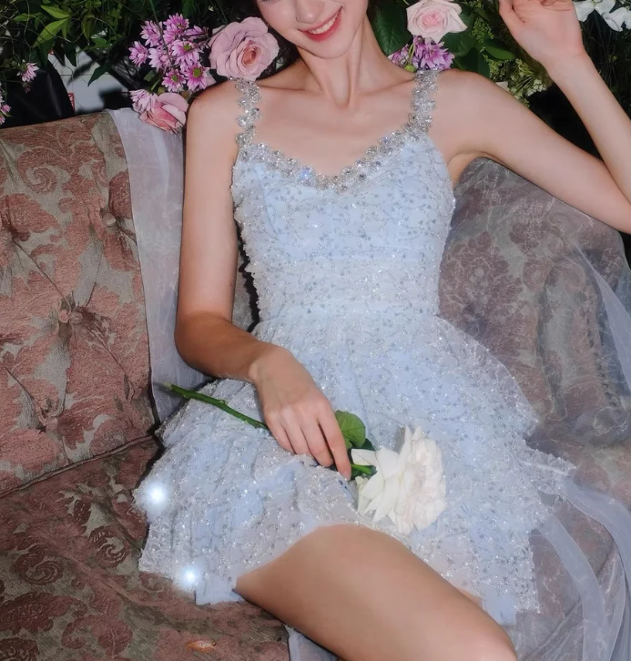 Sparkly V Neck Spaghetti Straps Tulle Sequin Beaded 18th Birthday Outfits Sky Blue Short Formal Homecoming Dress