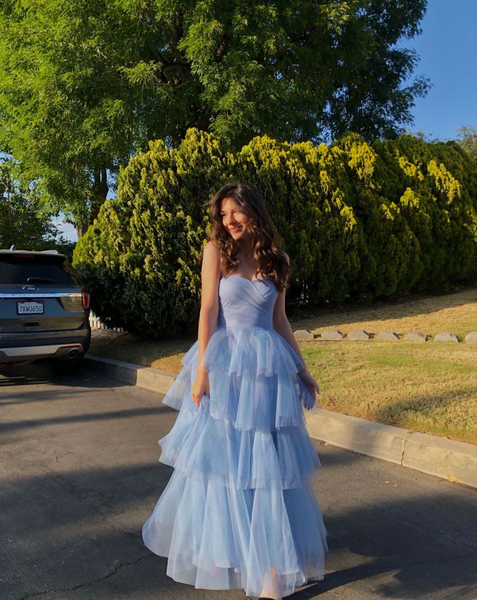Pretty Blue Strapless Tulle Layered A Line Long Birthday Party Dress Evening Gown