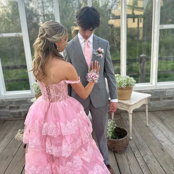 Charming Pink Off The Shoulder Lace Tulle Layered Evening Dress Formal Prom Dress