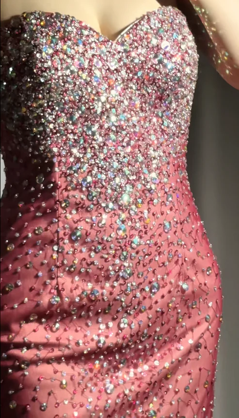 Sparkly Burgundy Strapless Tulle Beaded Mermaid Long Evening Dress Formal Birthday Party Dress