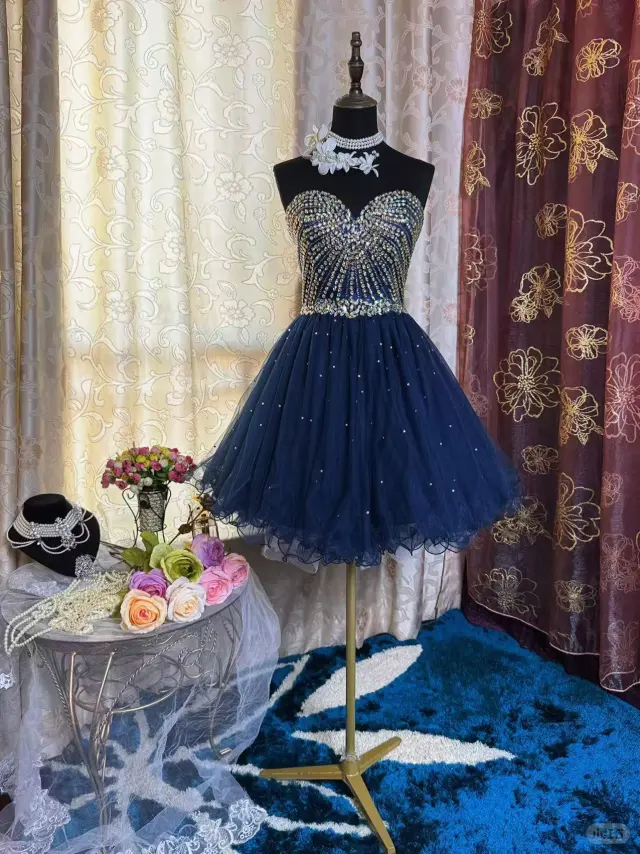 Sparkly Sweetheart Neck Blue Tulle Beaded A Line Short Prom Dress Formal Homecoming Dress