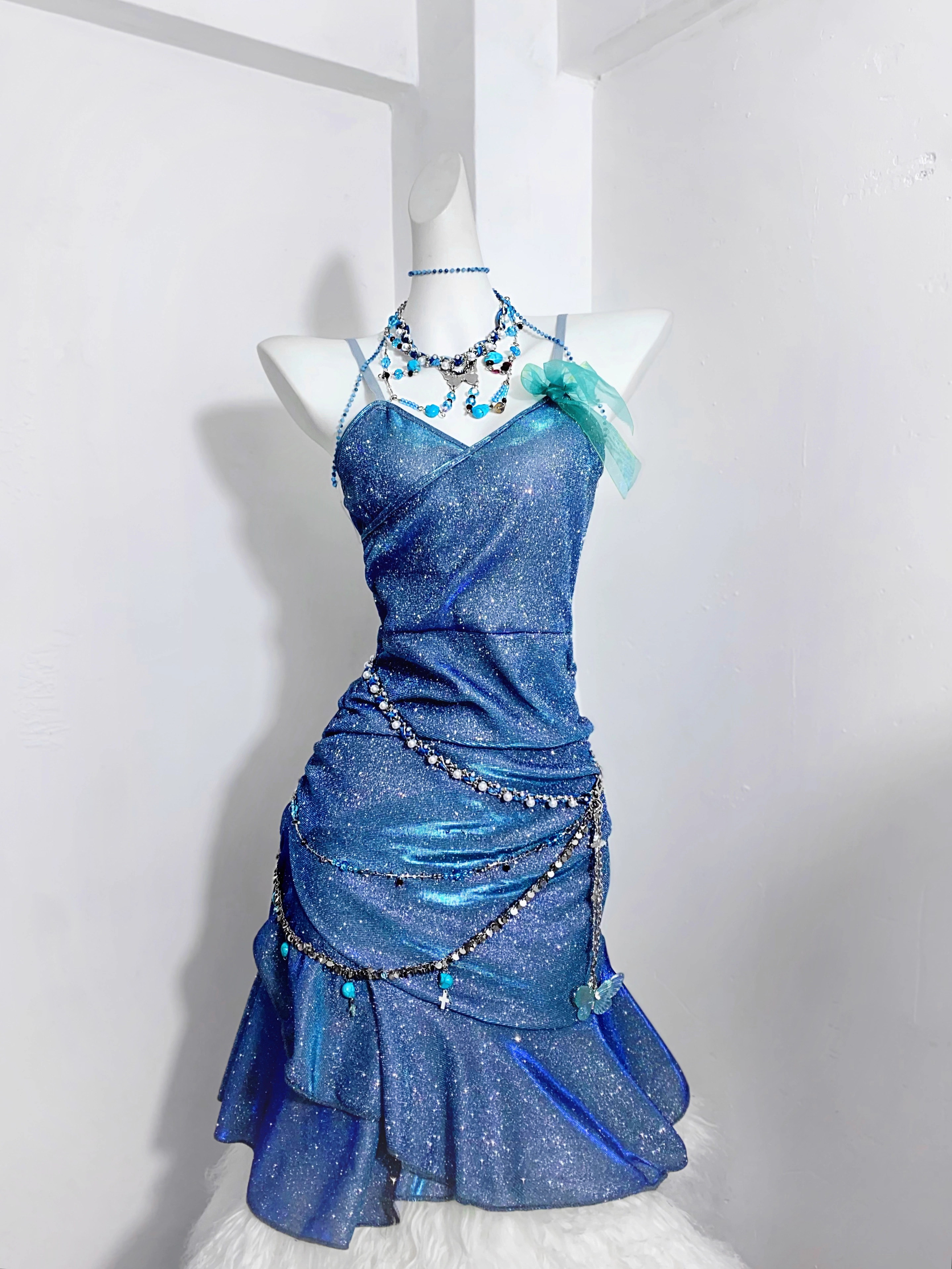 Glitter Blue Spaghetti Straps Short Ruffle Cocktail Dress Formal Homecoming Dress