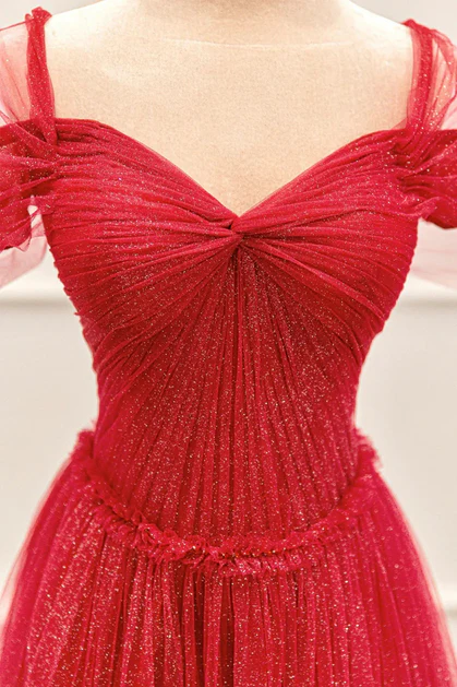 Pretty Red Tulle Off The Shoulder Evening Dress Shiny Sweetheart Prom Party Dress