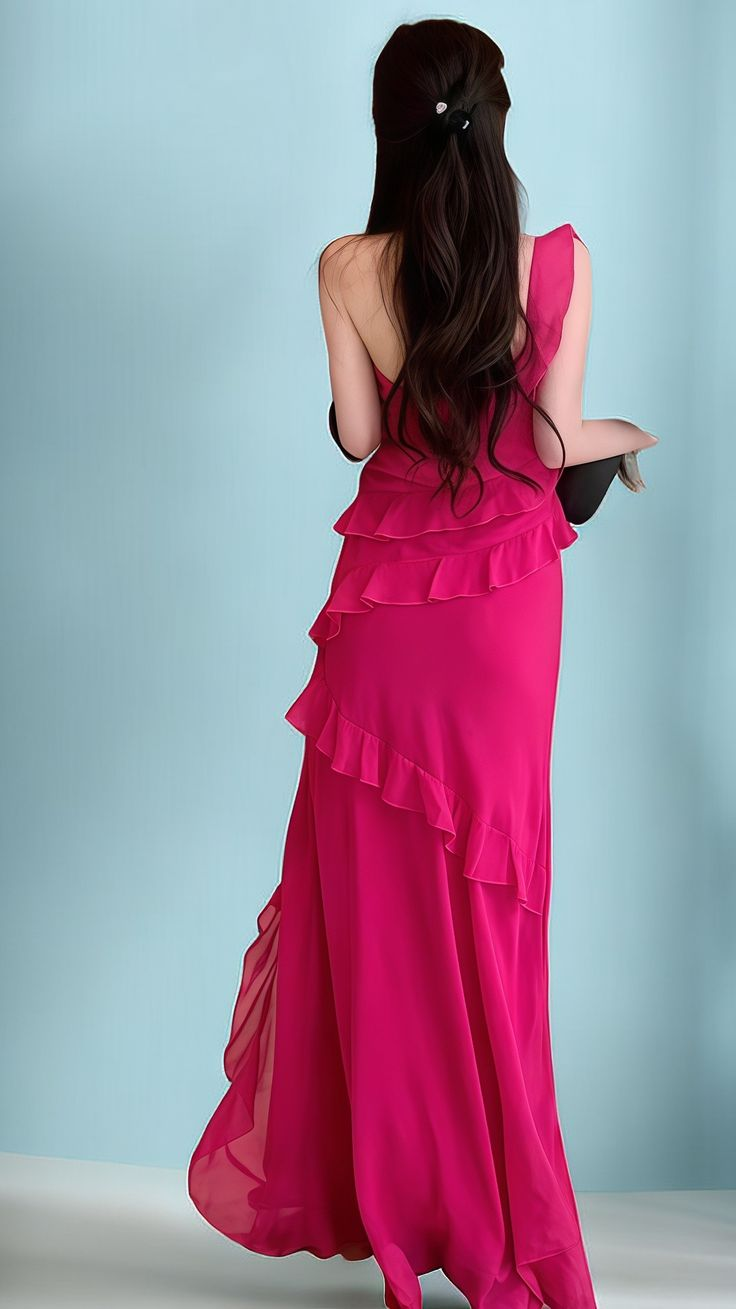 Pretty Hot Pink Ruffles Long Party Dress Chiffon Slit Prom Evenign Dress