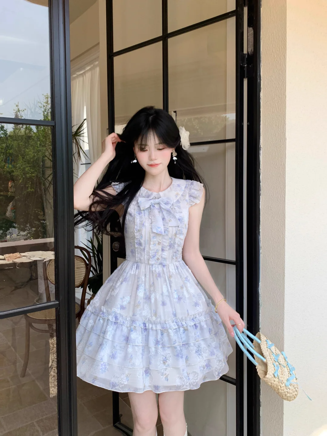 Cute Blue Chiffon Print Floral A Line Short Birthday Outfits Formal 7th Grade Homecoming Dress