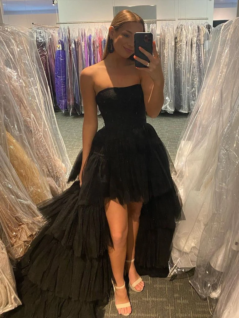Black High Low Tulle Prom Dress, Black Tulle High Low Formal Evening Dresses