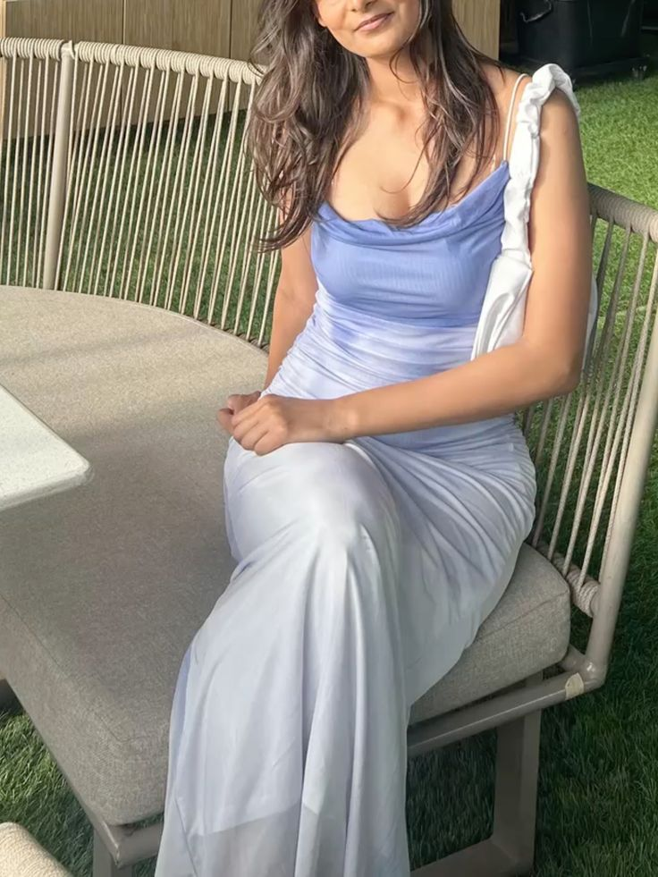 Chic Spaghetti Straps Ombre Blue Chiffon Mermaid Evening Gown Formal Wedding Guest Dress