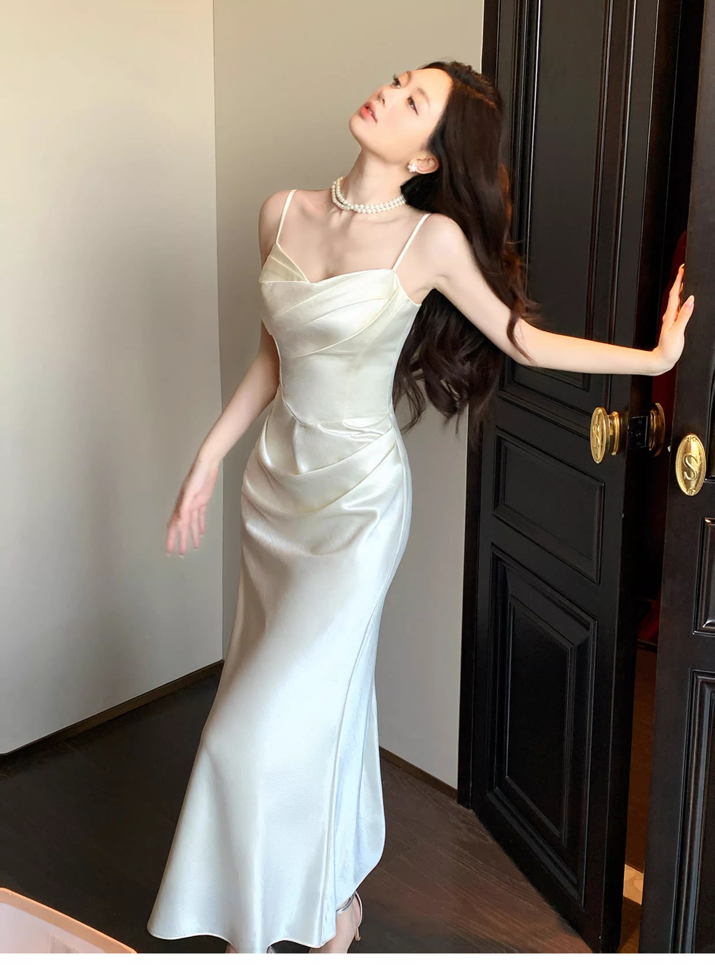 Classy Spaghetti Straps White Satin Pleated Mermaid Long Evening Dress Formal Wedding Guest Dress