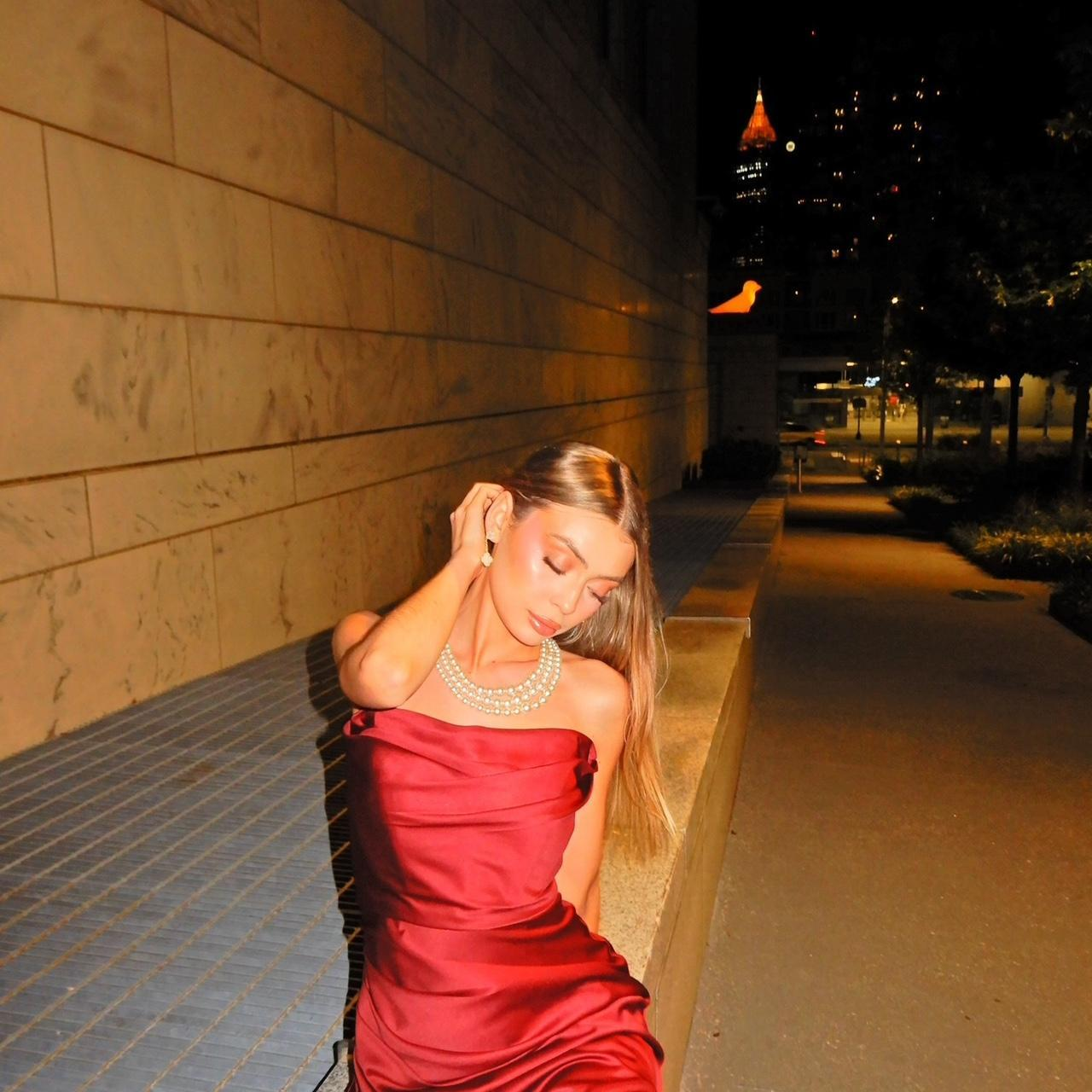 Pretty Strapless Burgundy Satin Pleated Long Wedding Guest Dress Slit Birthday Party Dress