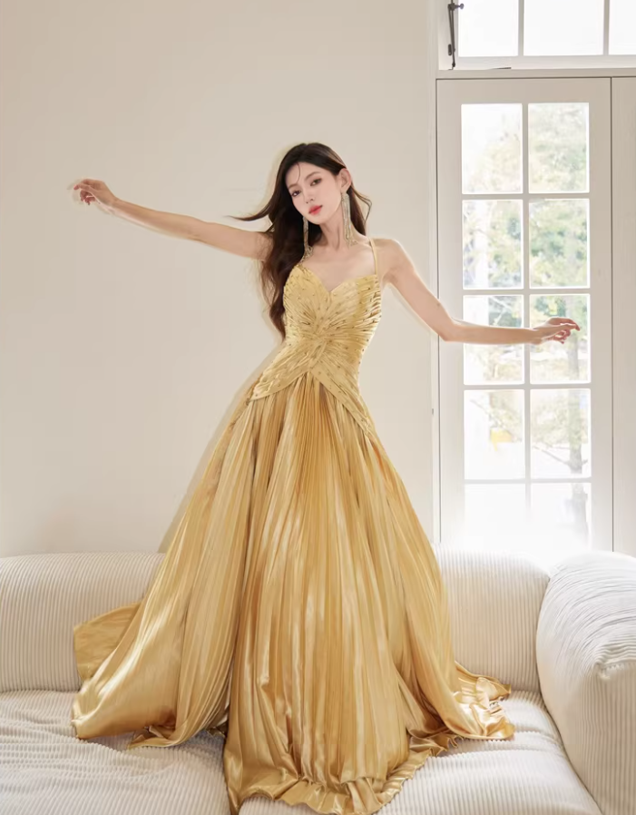 Gorgeous Spaghetti Straps Gold Satin Pleated Beaded A Line Long Evening Dress Birthday Dress
