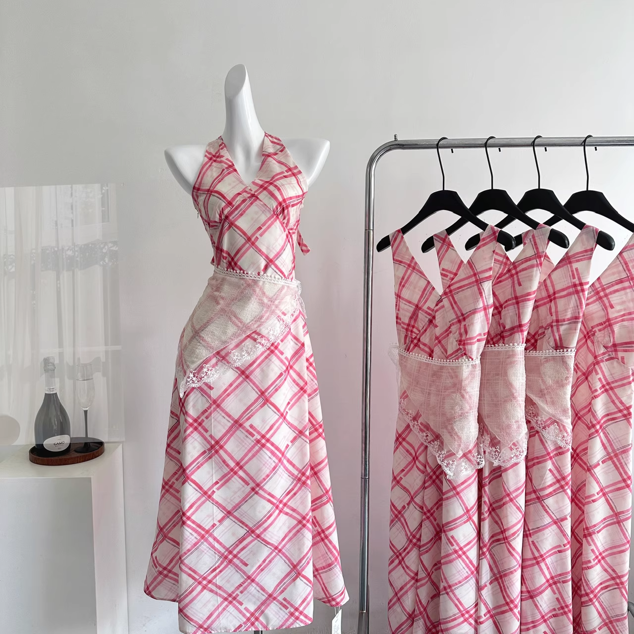 Red White Grid French A Line Vacation Dress Birthday Dress