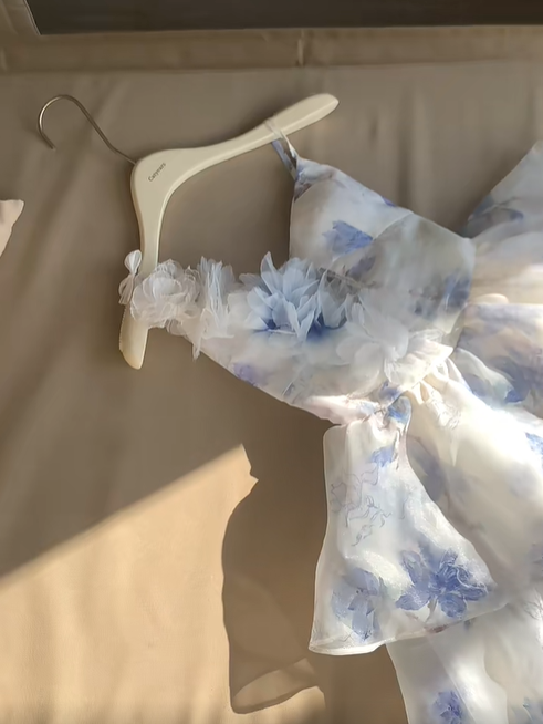 Beautiful Blue Chiffon Print Floral Short Holiday Dress Spaghetti Straps A Line Homecoming Dress