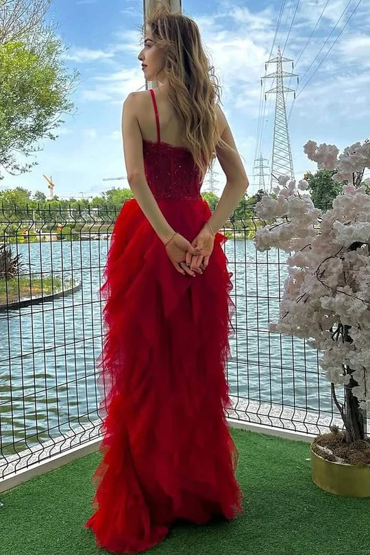 Charming Spaghetti Straps Red Ruffles Tulle Beaded Formal Prom Dress Long Evening Dress