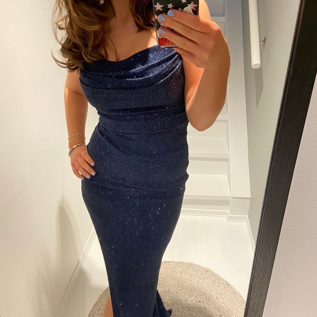 Charming Spaghetti Straps Navy Blue Satin Sequin Sheath Long Wedding Guest Dress Party Dress