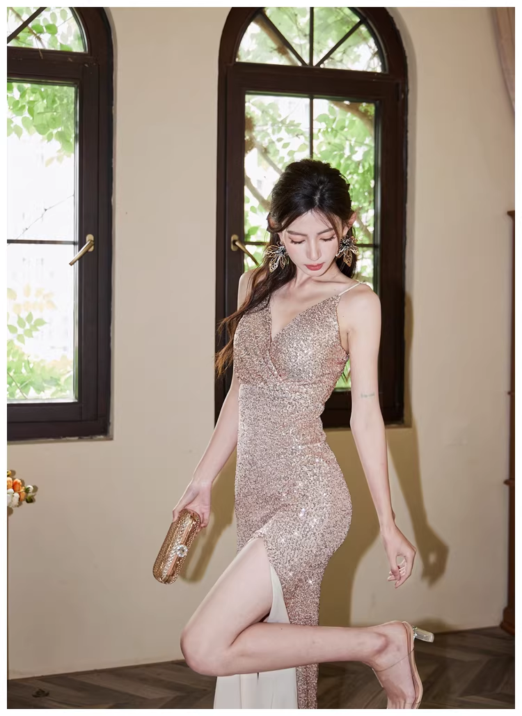 Sparkly Spaghetti Straps Champagne Gold Sequin Slit Mermaid Long Prom Dress Evening Gown