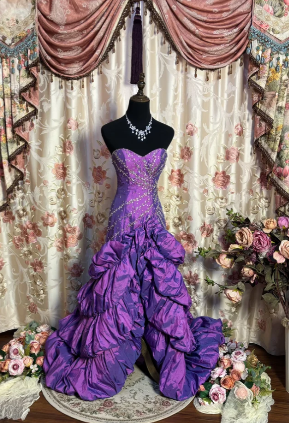 Vintage Purple Strapless Satin Beaded Mermaid Long Party Dress Evening Dress