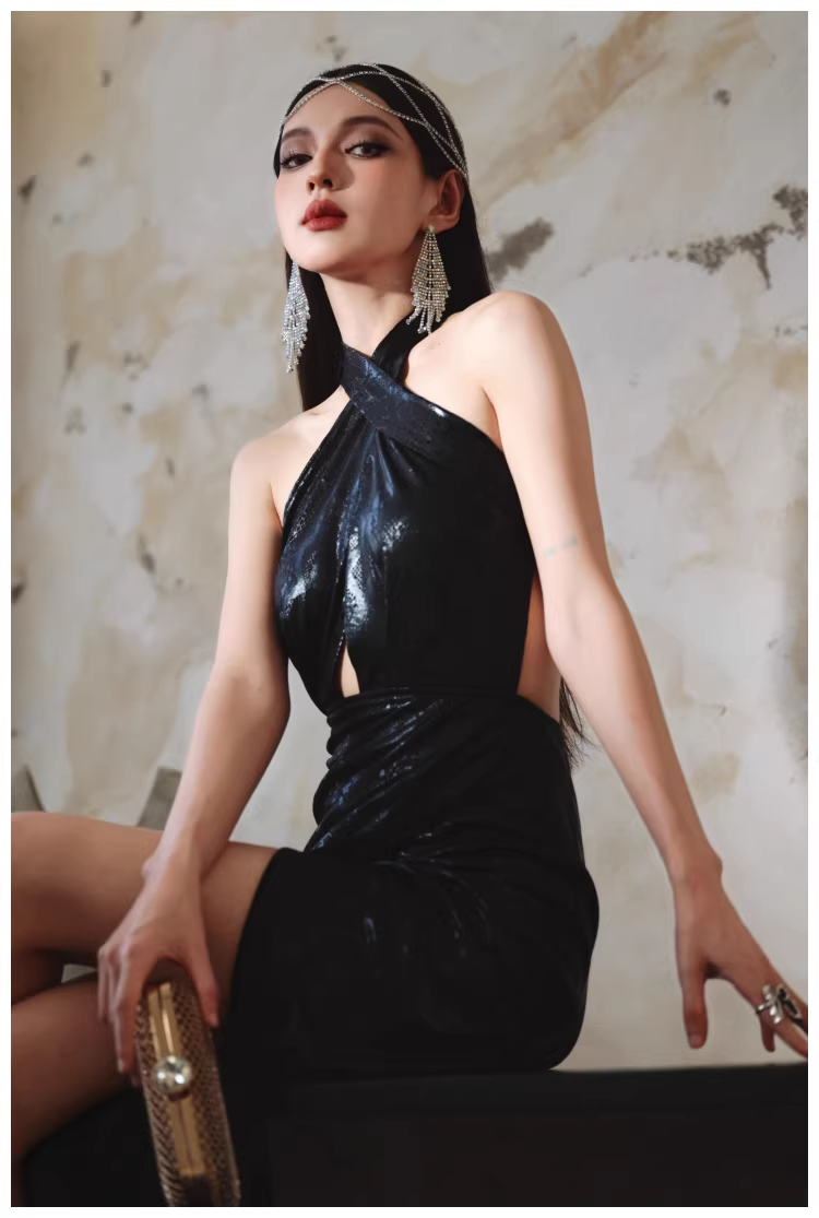 Sexy Black Halter High Slit Sheath Long Evening Dress Backless Prom Gowns