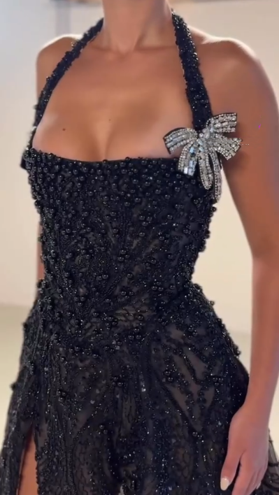 Gorgeous Halter Black Lace Beaded A Line Formal Homecoming Dress Short Prom Dress Cocktail Dress