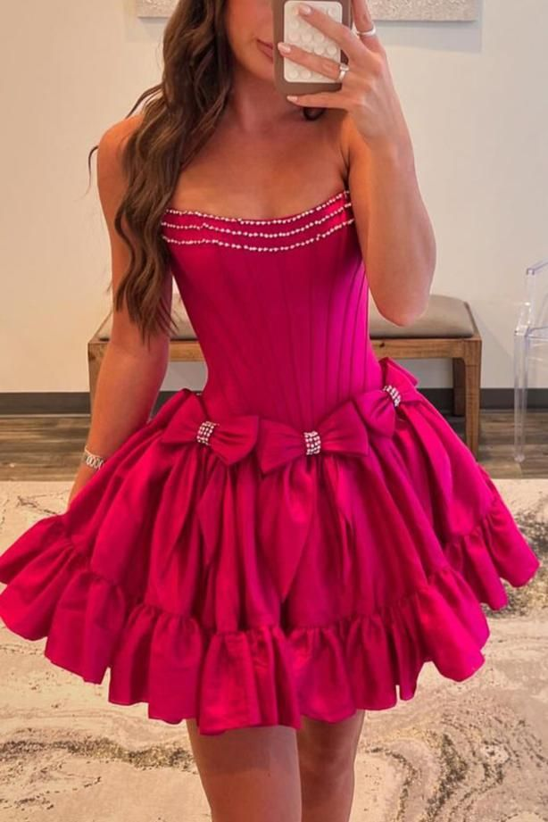 White Strapless Satin Beaded Short Homecoming Dress Cocktail Dress With Bow