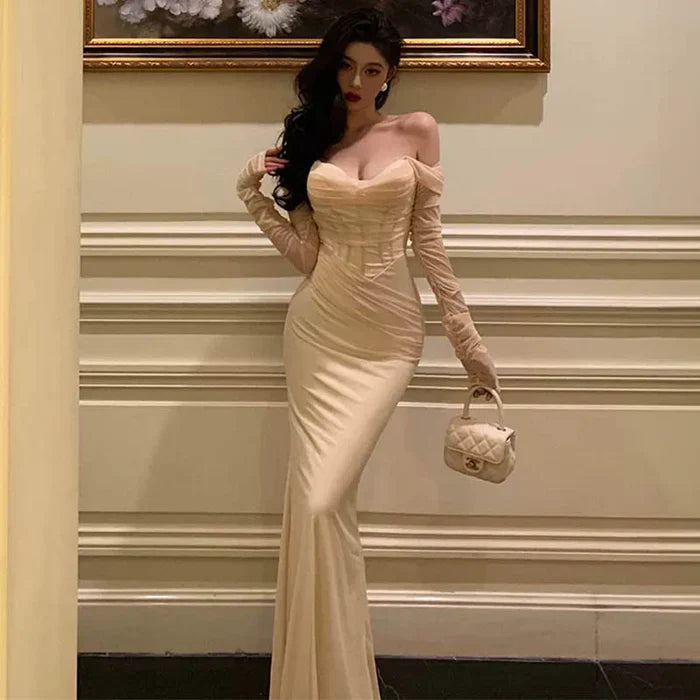 Sexy Mermaid Off The Shoulder Tulle White Satin Long Prom Dress Evening Dresses