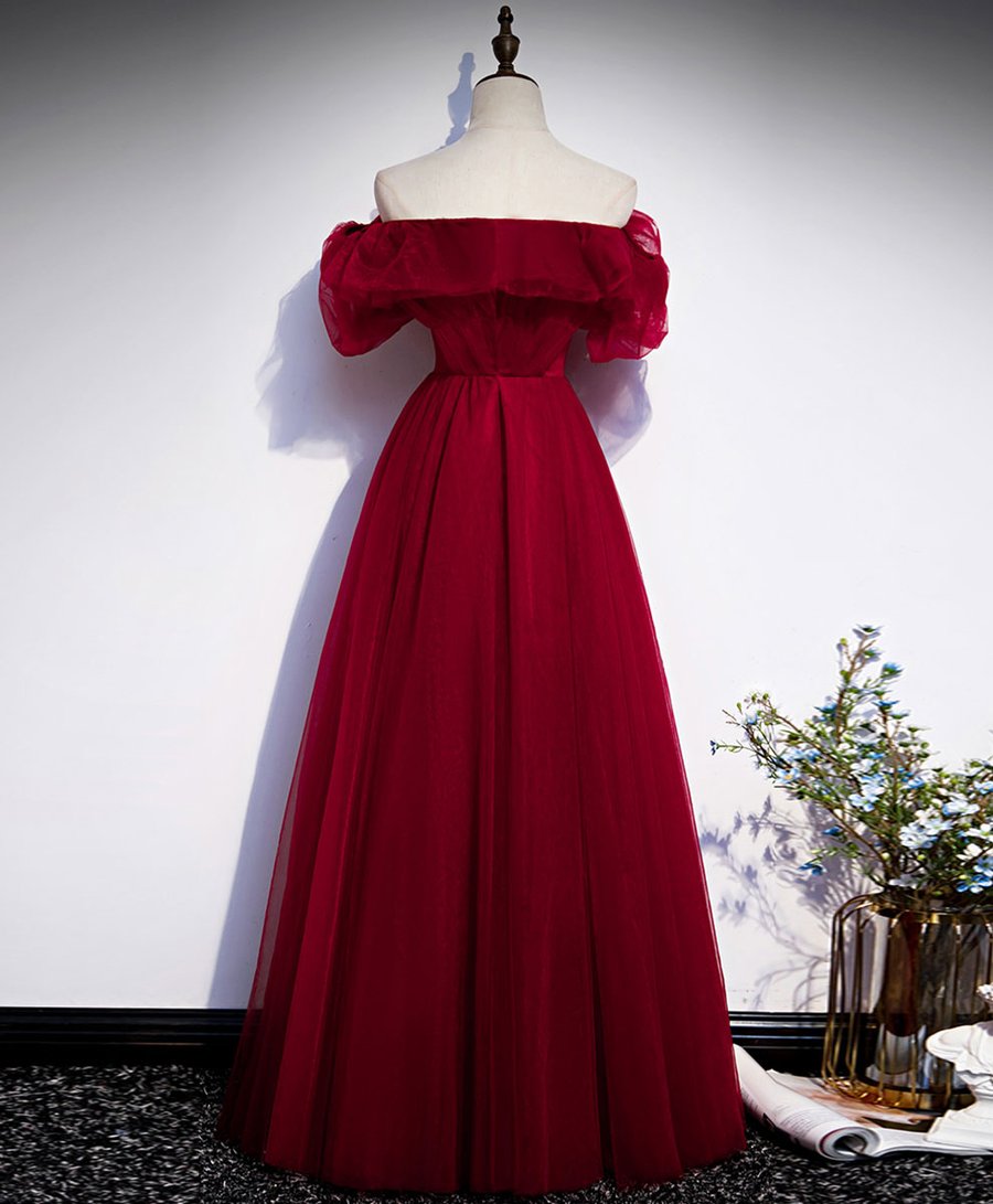Simple burgundy tulle long prom dress burgundy evening dress