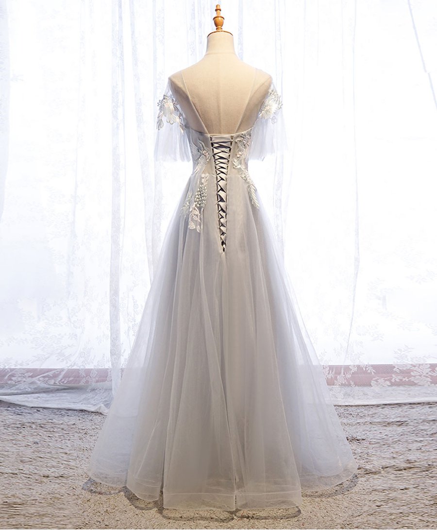Gray round neck tulle lace long prom dress gray tulle formal dress