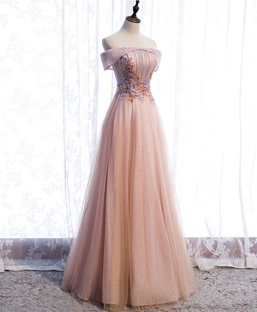 Pink tulle sequin long prom dress pink tulle formal dress
