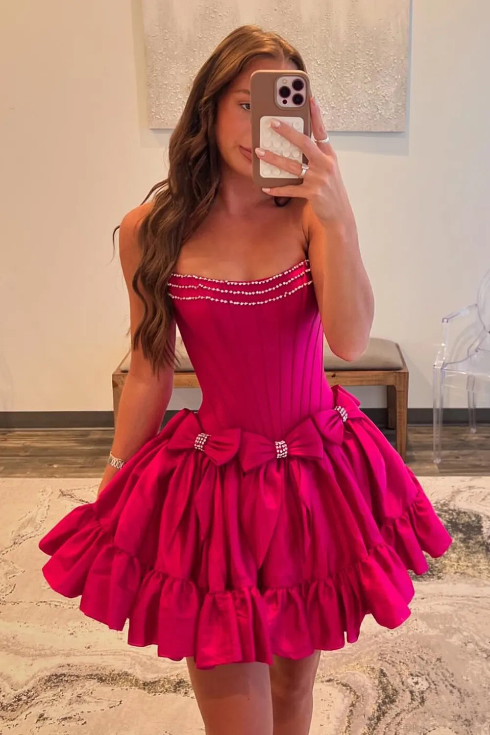 Princess A Line Strapless Red Corset Homecoming Dress with Bowknot
