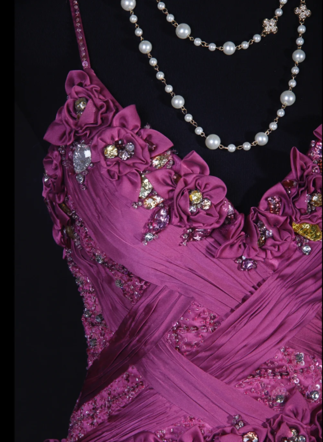 Glamorous Spaghetti Straps Satin Floral Beaded Mermaid Long Birthday Prom Dress Evening Dress