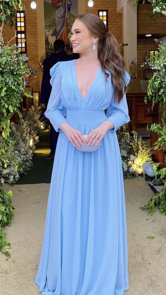 Light Blue Long Sleeves Chiffon Prom Dress Evening Dress