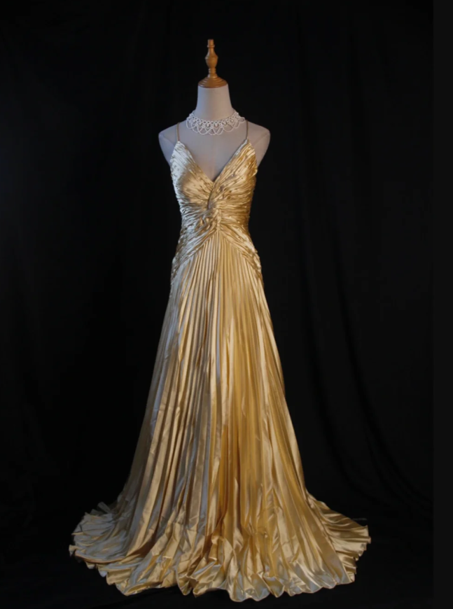 Stylish Spaghetti Straps Gold V Neck Satin Pleated Beaded Long Party Dress Formal Wedding Guest Dress