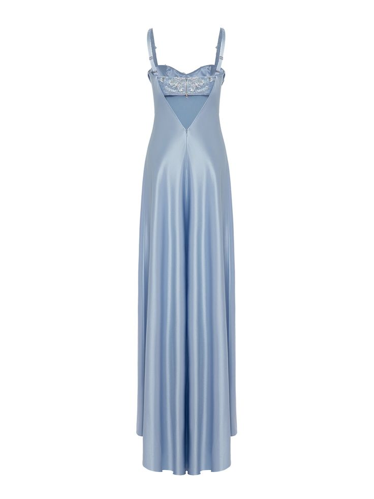 Classy Blue Spaghetti Straps Satin Beaded Mermaid Evening Dress Long Wedding Guest Dress