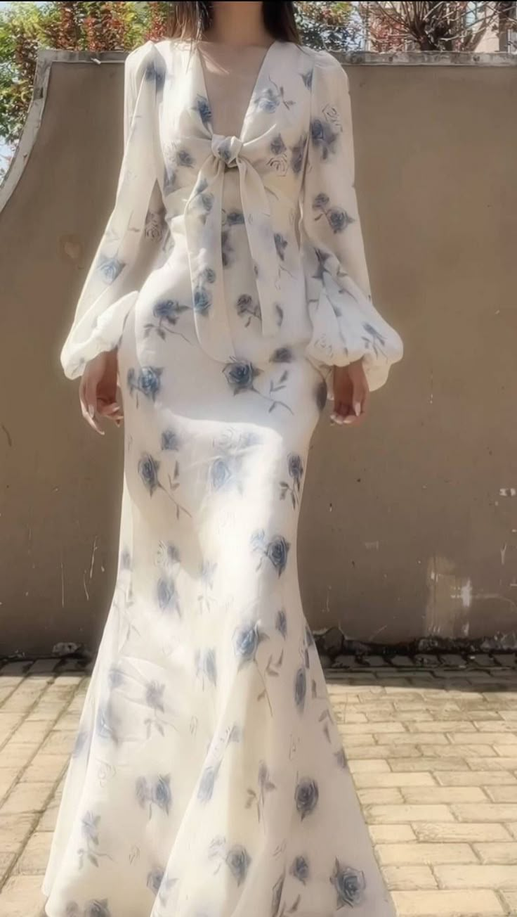 Classy Ice Blue Chiffon Rose Print Floral Prom Party Dress,Long Mermaid Evening Dress