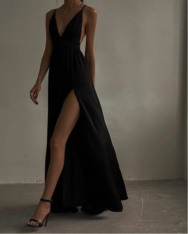 Spaghetti Straps Deep V Neck Long Prom Dress Backless Sexy Evening Dress