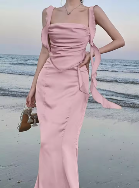 Sweet Pink Mermaid Evening Dress Satin Long Slit Prom Dress