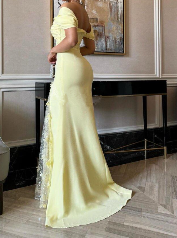 Off The Shoulder Yellow Slit Beaded Long Prom Dress Formal Evening Dress