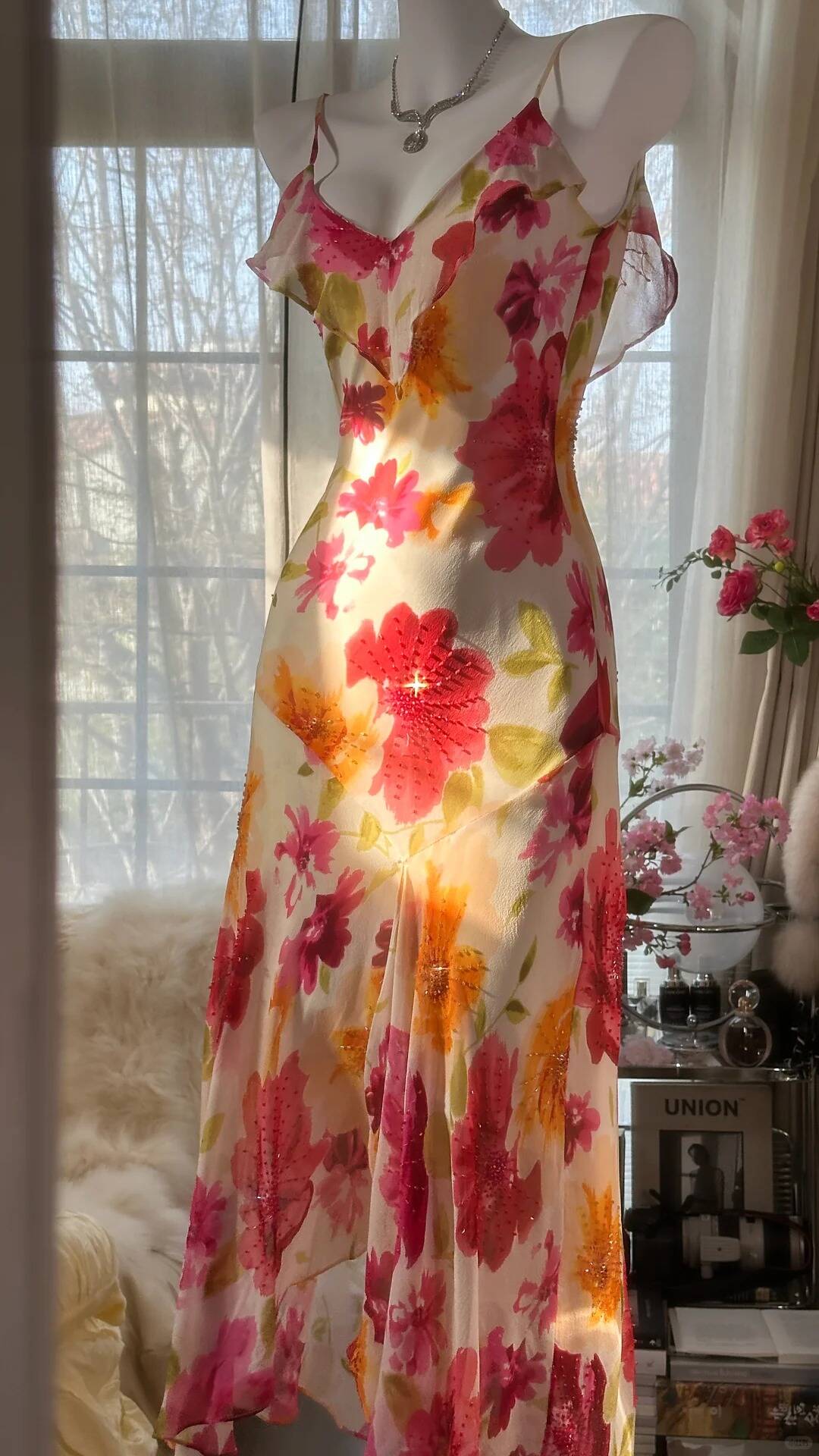 Pretty Chiffon Print Floral Beaded Mermaid Evening Dress Long Formal Party Dress