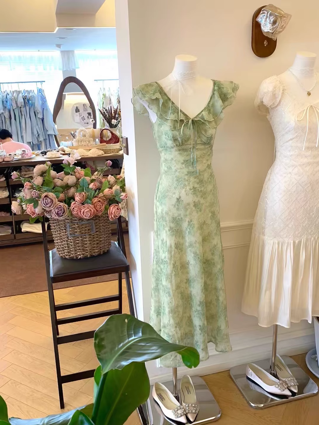 Green Ruffle Floral A Line Vacation Dress Birthday Party Dress
