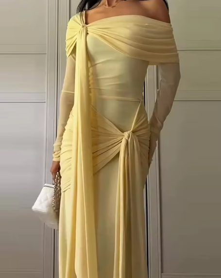 Elegant Off The Shoulder Satin Pleated Mermaid Long Party Dress Yellow Formal Wedding Guest Dress