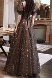 A Line Sequin Short Sleeves Prom Dresses, Tulle Floor Length Evening Dresses