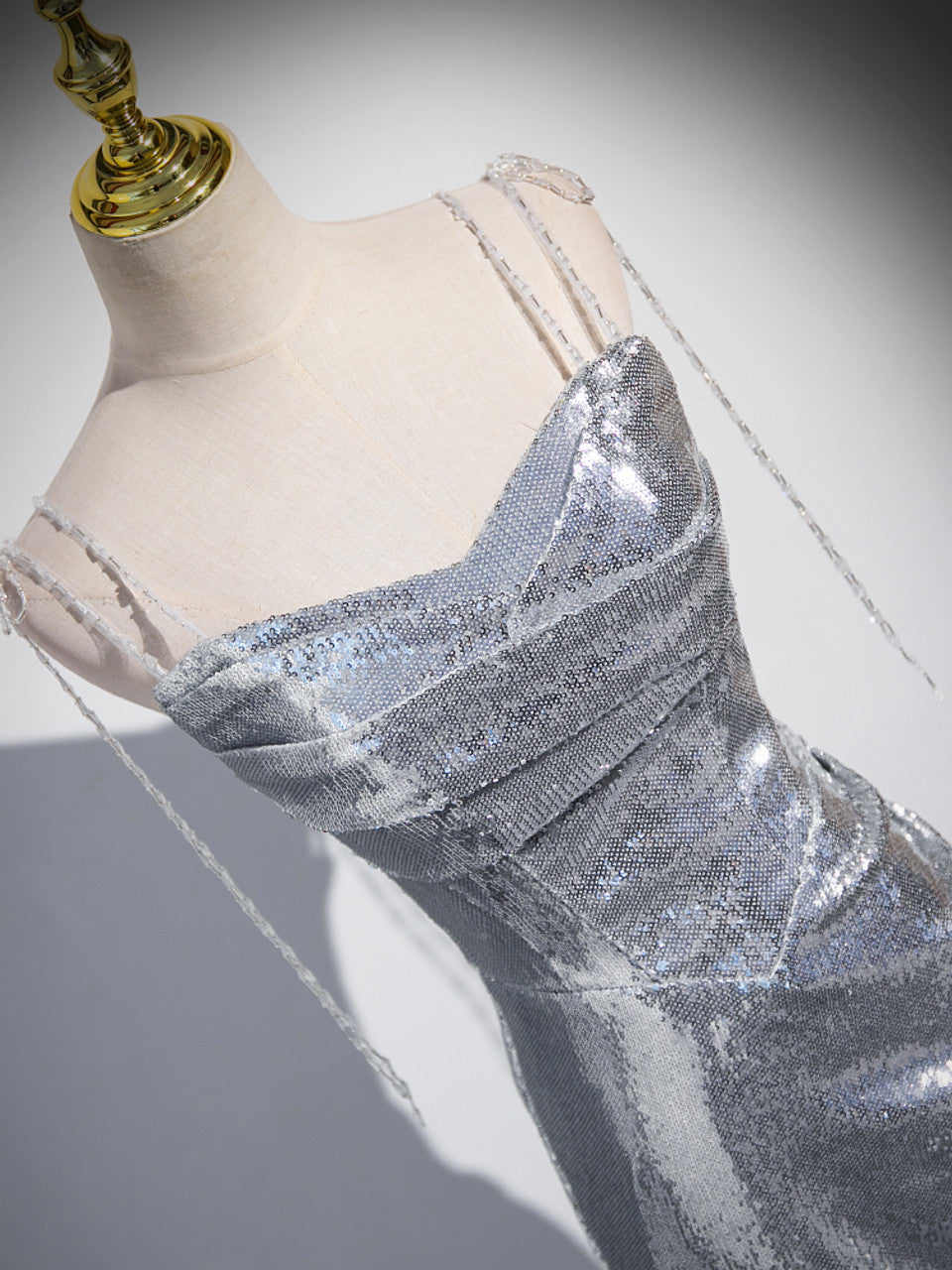 Charming Silver Mermaid Sequins Spaghetti Straps Pleated Prom Dress Long Party Dress