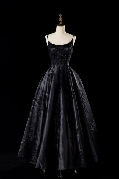 Chic Black Satin Long Prom Dress A Line Party Evening Gown