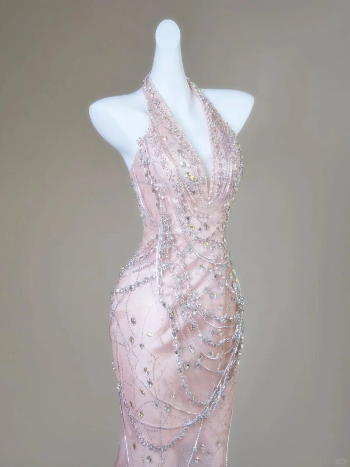 Mermaid Halter Light Pink Satin Beaded Long Prom Dress,Formal Evening Dress