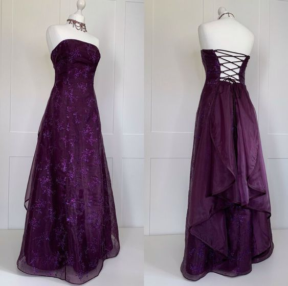 Vintage Strapless Grape Lace Long Prom Dress Party Evening Dress