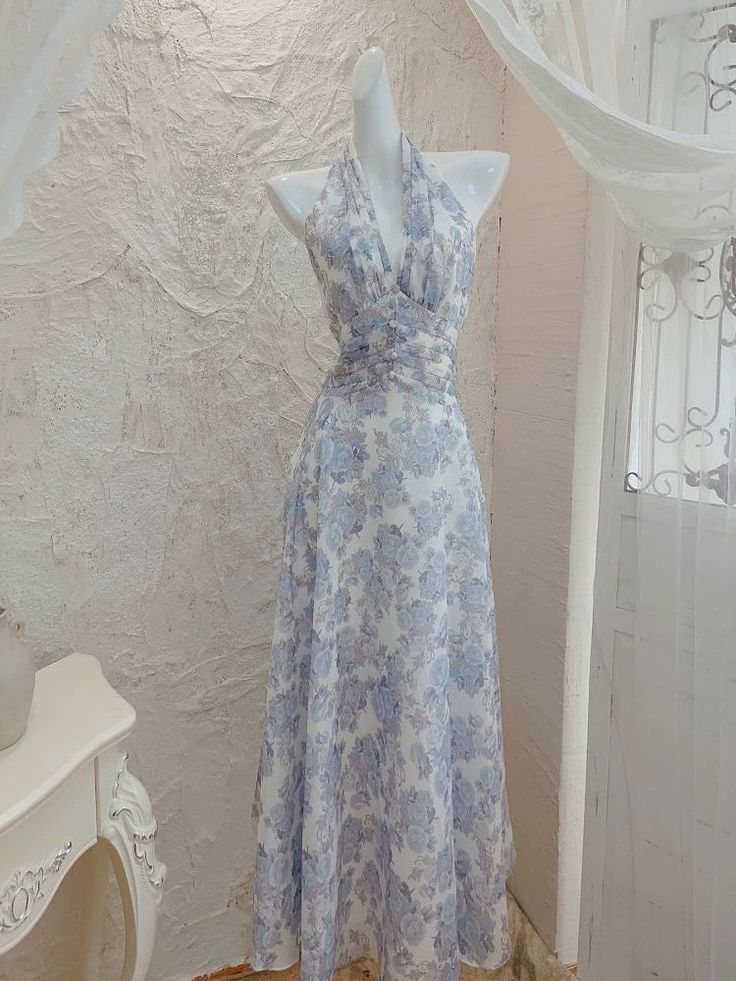 Sexy Chiffon Print Floral Long Prom Dress Halter V Neck Party Evening Gown