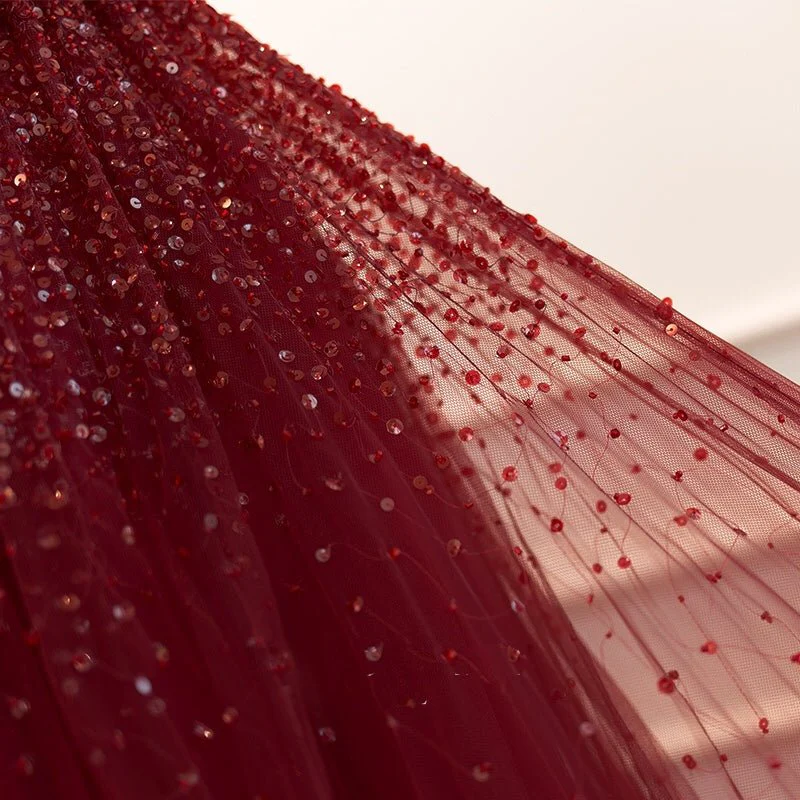 Burgundy Tulle Sequins A Line Ball Gown Glitter Party Evening Dress